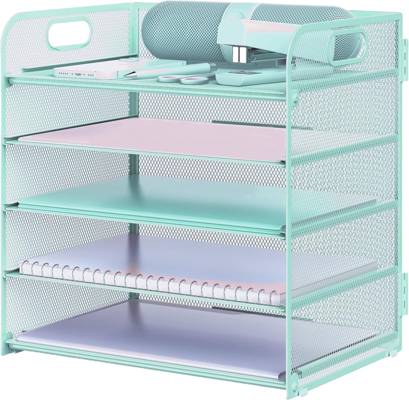 Sinboun Letter Tray Paper Organizer 5-Tier Desk Organizer File Organizer Paper Holder with Handle, Metal Desktop Document Shelf Tray Office Classroom Organization - Blue - Image 1